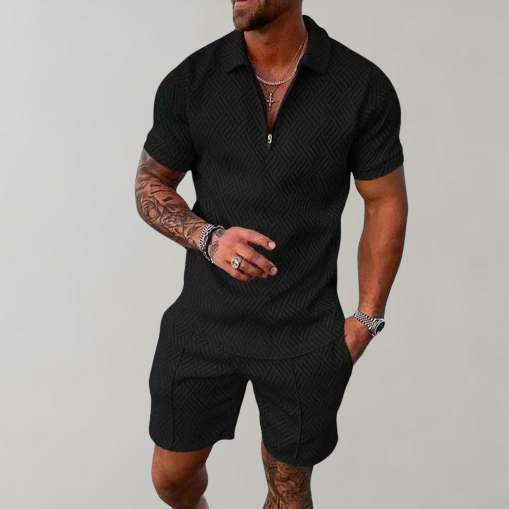 Men's stylish summer polo shirt & matching shorts set. Casual two-piece outfit, perfect for vacation wear.