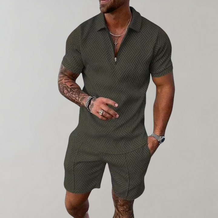 Men's casual zip polo shirt & shorts matching set. Summer fashion, comfortable vacation wear, two-piece outfit.