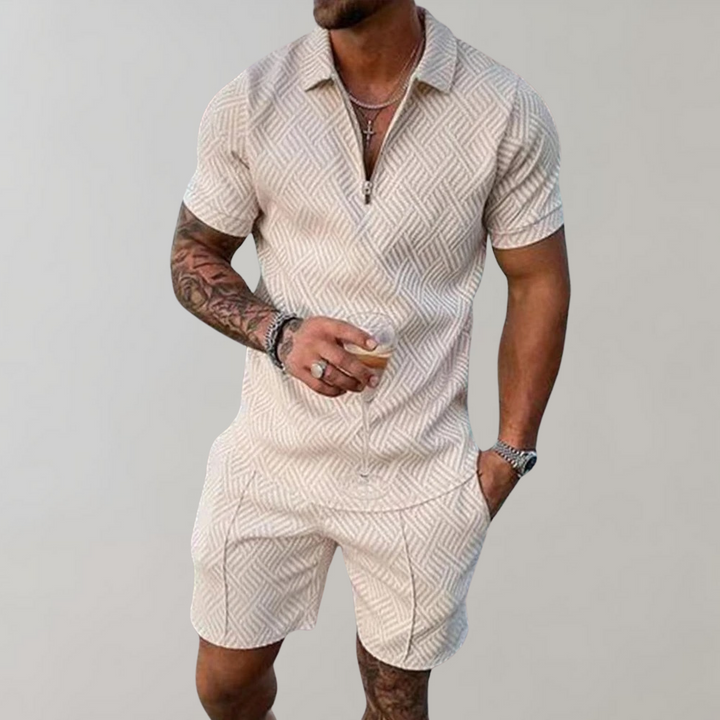 Stylish men's summer matching set: polo shirt & shorts. Ideal for casual wear, vacation, or men's fashion.