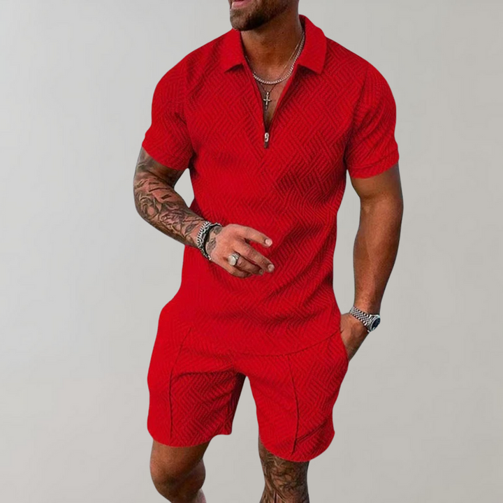 Men's two-piece summer matching set: stylish polo shirt & shorts. Versatile casual wear & vacation apparel.