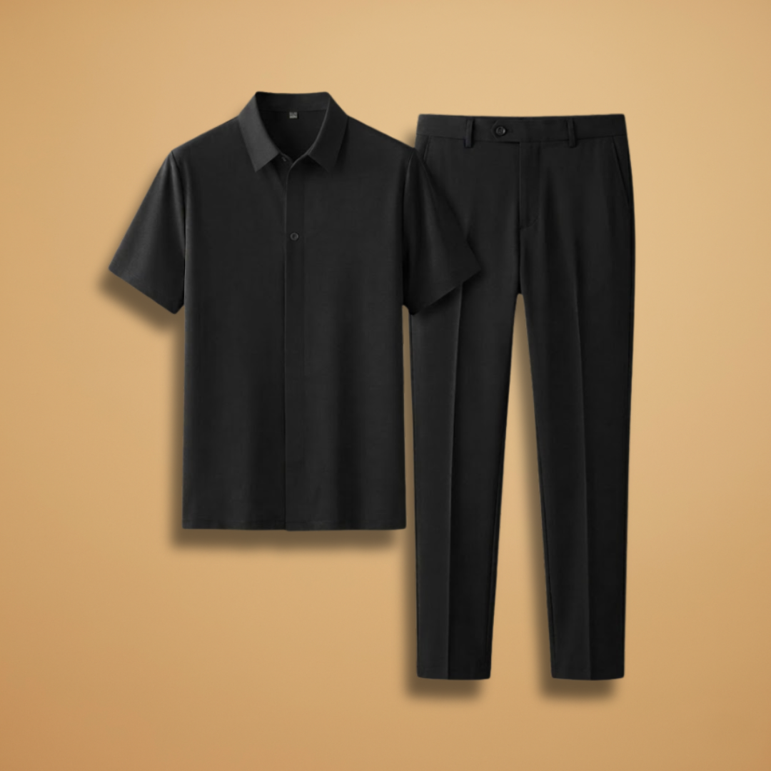 Men's stylish summer two-piece set: collared shirt & slim trousers, perfect for warm weather.