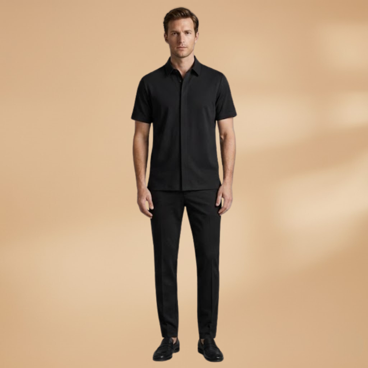 Modern men's summer outfit featuring a comfortable short-sleeve shirt and slim-fit elastic waist trousers.