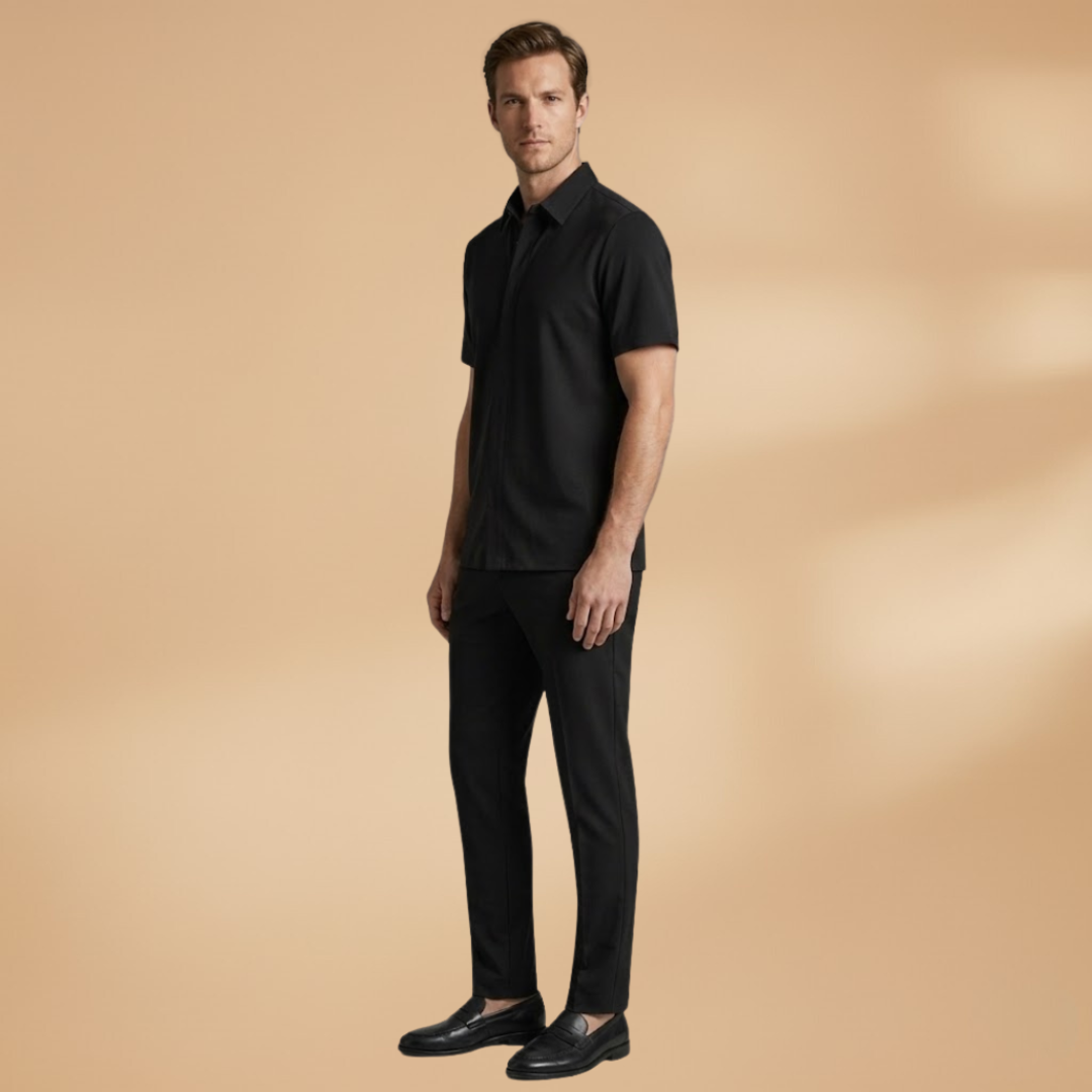 Stylish men's collared shirt and slim trousers two-piece set, ideal for a warm weather outfit.