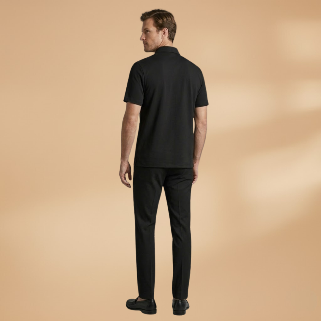 Men's fashion summer set: comfortable shirt and slim-fit trousers with an elastic waist design.