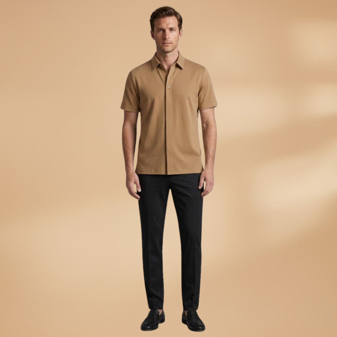 Warm weather men's two-piece set: modern short-sleeve shirt and stylish slim trousers for comfort.