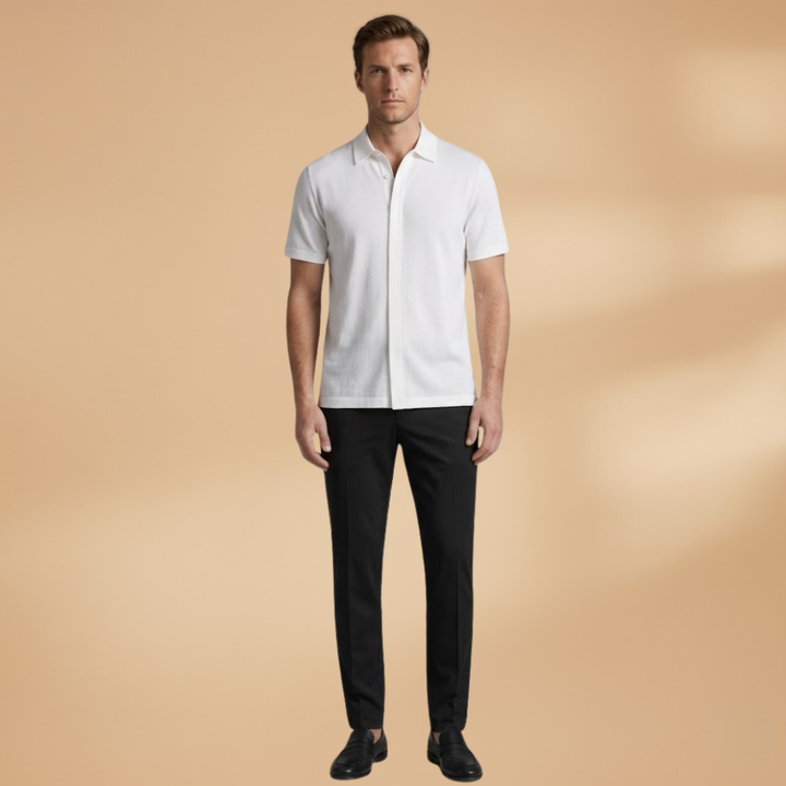 Men's casual summer style: a versatile two-piece set with a collared shirt and slim trousers.