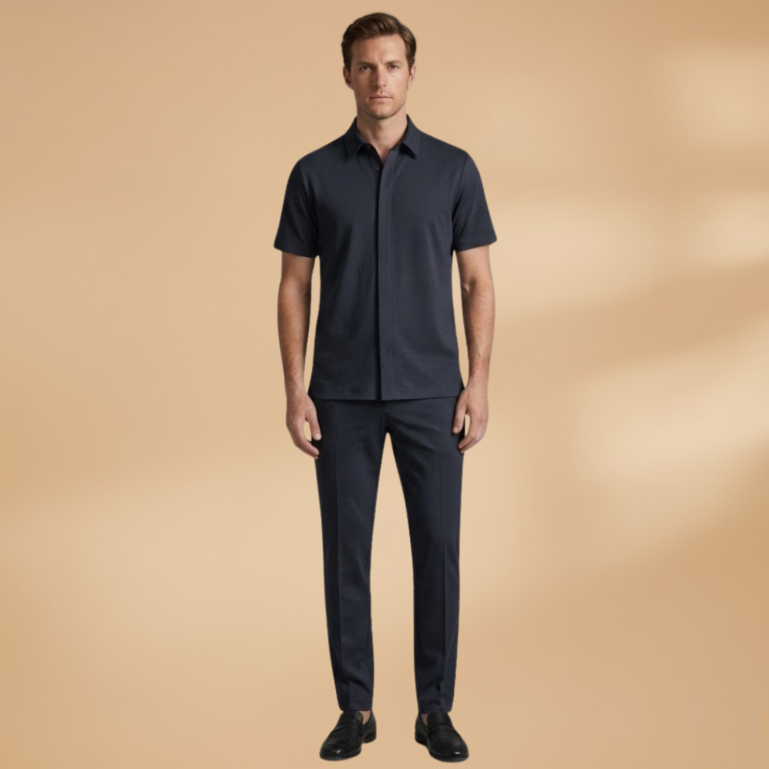 Fashionable men's summer outfit featuring a comfortable shirt and slim-fit trousers with elastic waist.