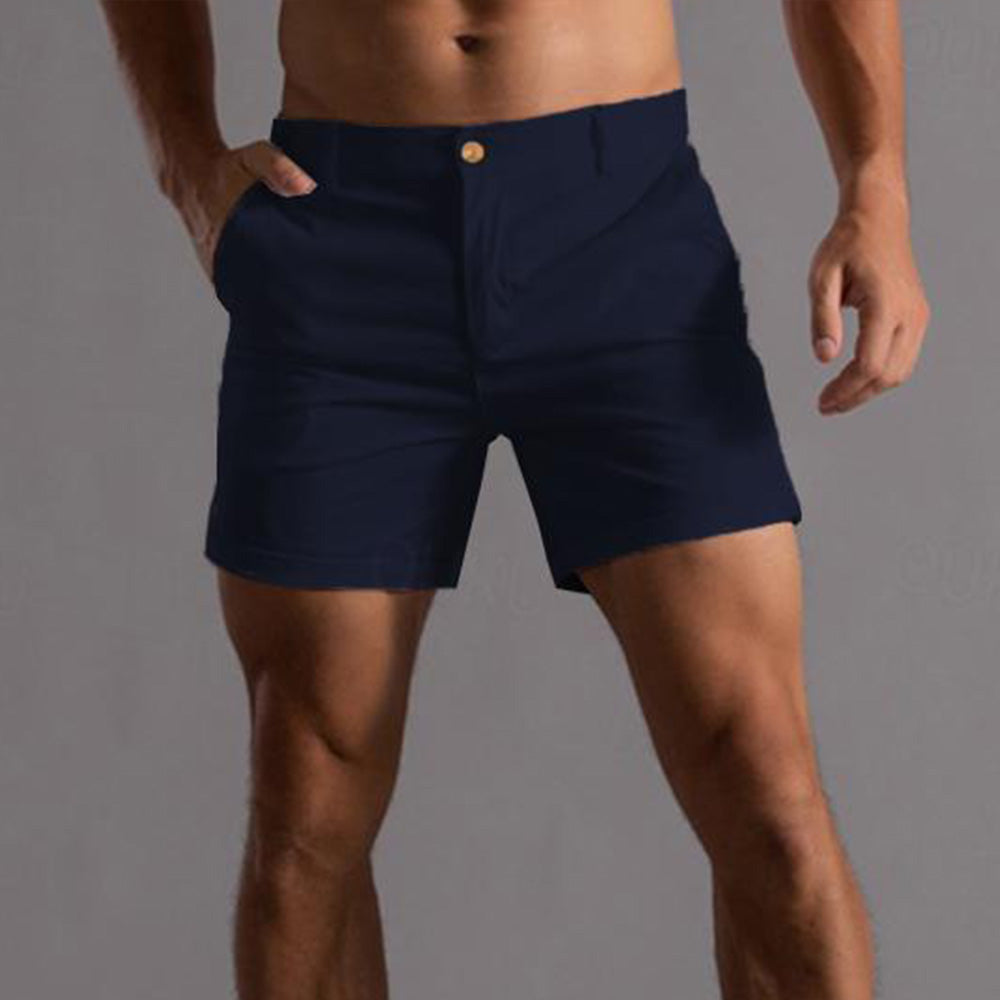 Khaki men's tailored chino shorts, offering comfort & style for summer fashion and casual looks.