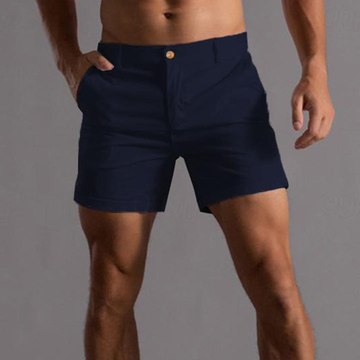 Khaki men's tailored chino shorts, offering comfort & style for summer fashion and casual looks.