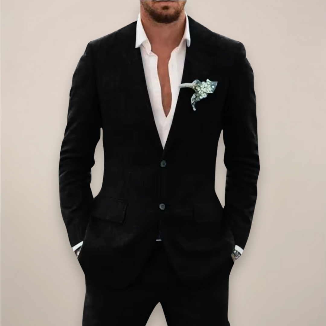 Elegant men's tailored two-piece suit with a modern slim fit. Ideal for business attire & formal events.