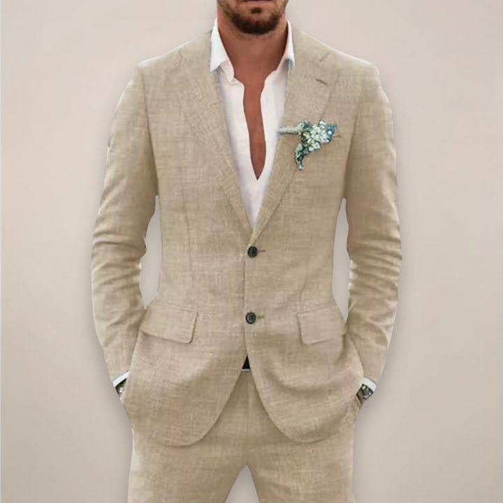 Classic men's two-piece suit, perfect formal wear for weddings, parties, or any special event. Tailored fit.