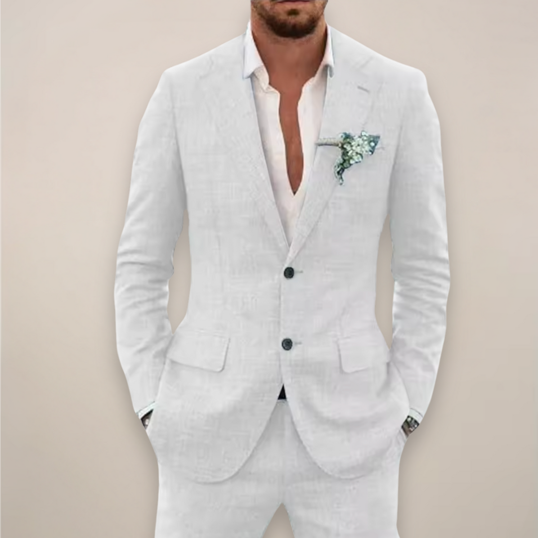 Men's classic tailored two-piece suit. Ideal formal wear for business, weddings, and elegant parties. Slim fit.