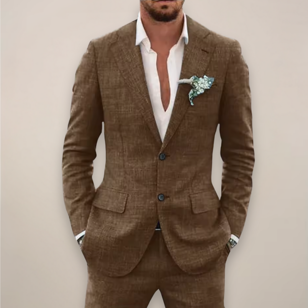 Premium men's tailored two-piece suit. Elegant formal attire with a sleek slim fit for sophisticated events.