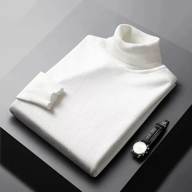 Close-up of a men's premium knit turtleneck sweater. Comfortable & warm long sleeve men's clothing.