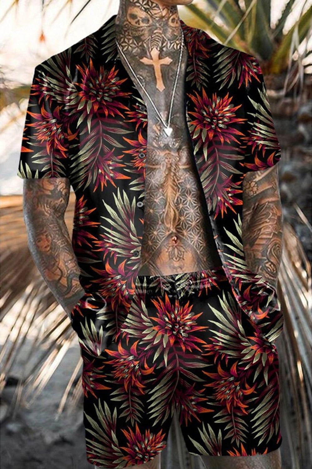 Men's stylish two-piece beach set, perfect for summer vacations. Comfortable casual outfit for warm weather.