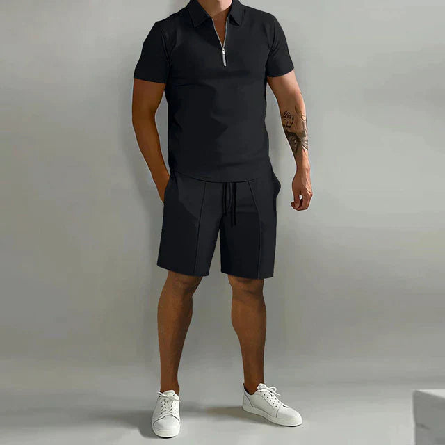 Men's stylish two-piece polo shorts set for summer comfort, perfect for casual & resort wear.