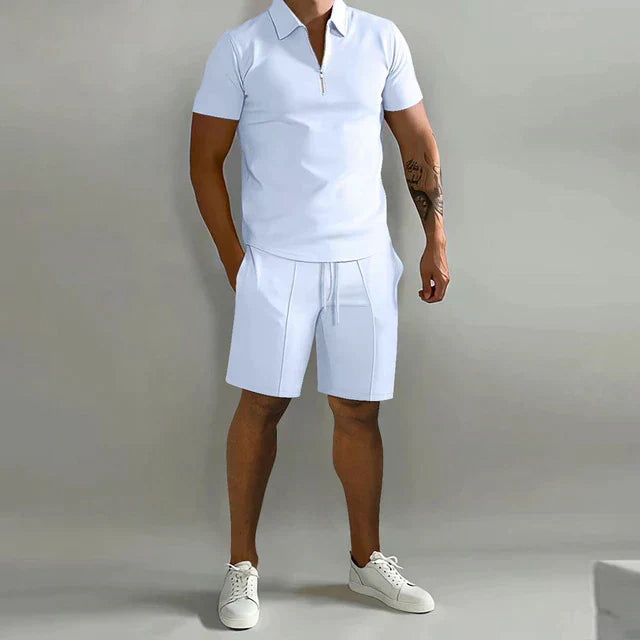 Casual men's two-piece set: short-sleeve polo shirt & comfortable shorts, perfect for summer & warm weather.