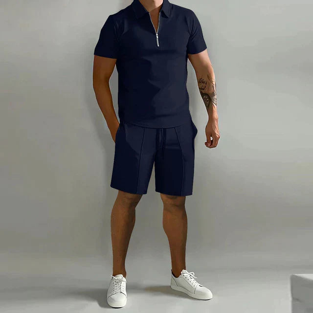 Comfortable & stylish men's polo shorts set, perfect coordinated outfit for summer vacations & resort wear.