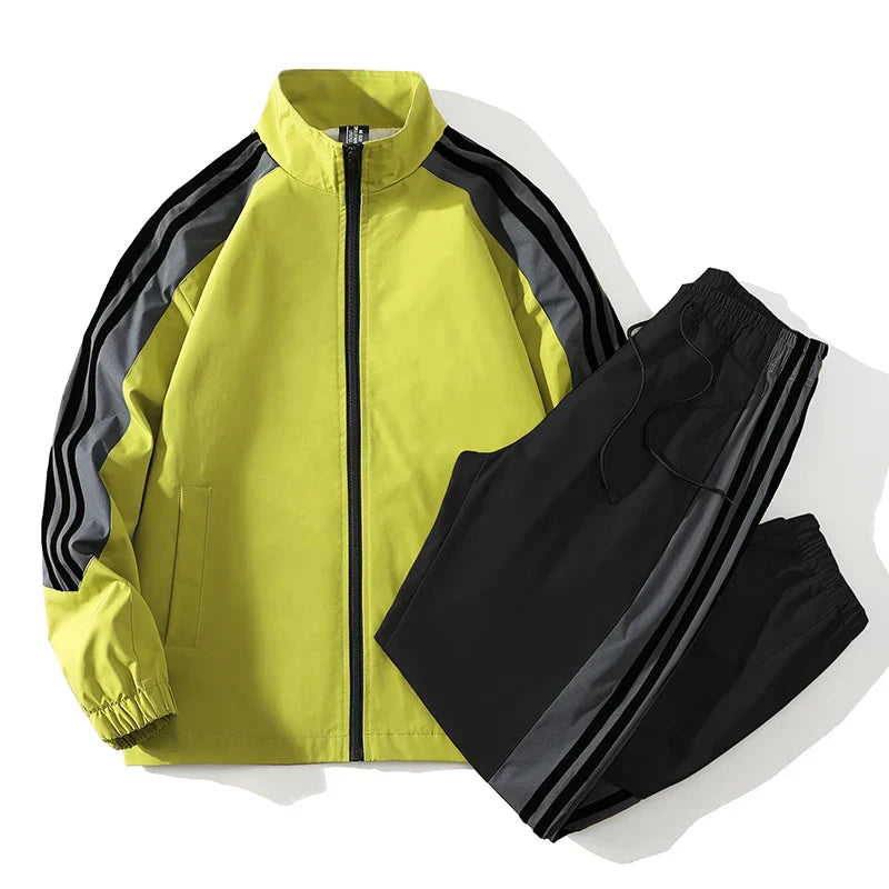 Men's casual wear: trendy two-piece tracksuit set with full zip athletic jacket.