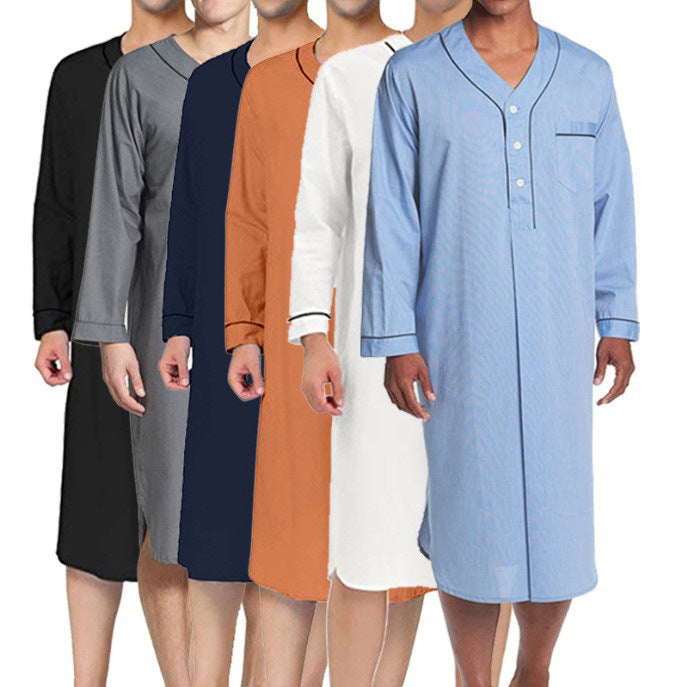 Men's stylish V-neck button-up nightshirt, perfect for comfortable sleepwear and loungewear.
