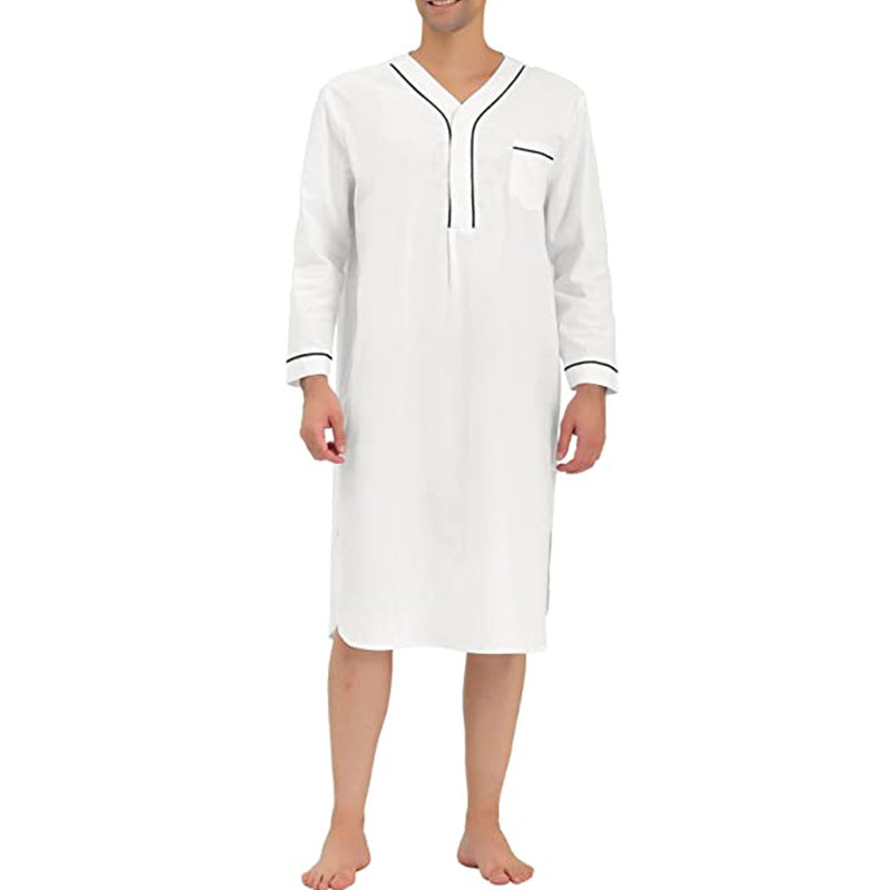 Close-up of the chest pocket on a men's relaxed fit button-up nightshirt.
