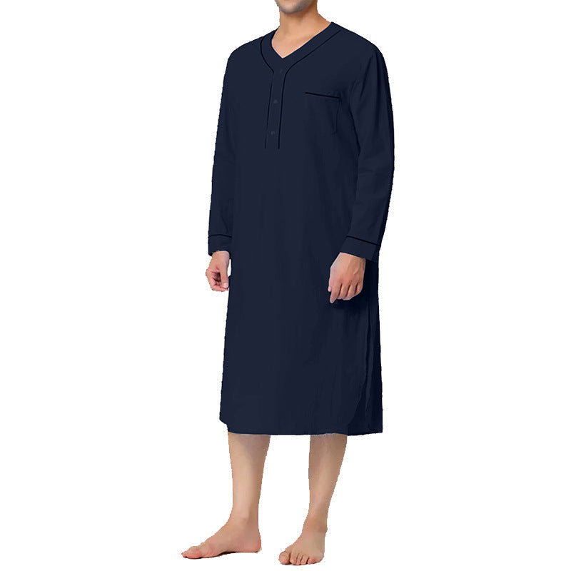 Detailed shot of the fabric texture on a men's comfortable V-neck nightgown.