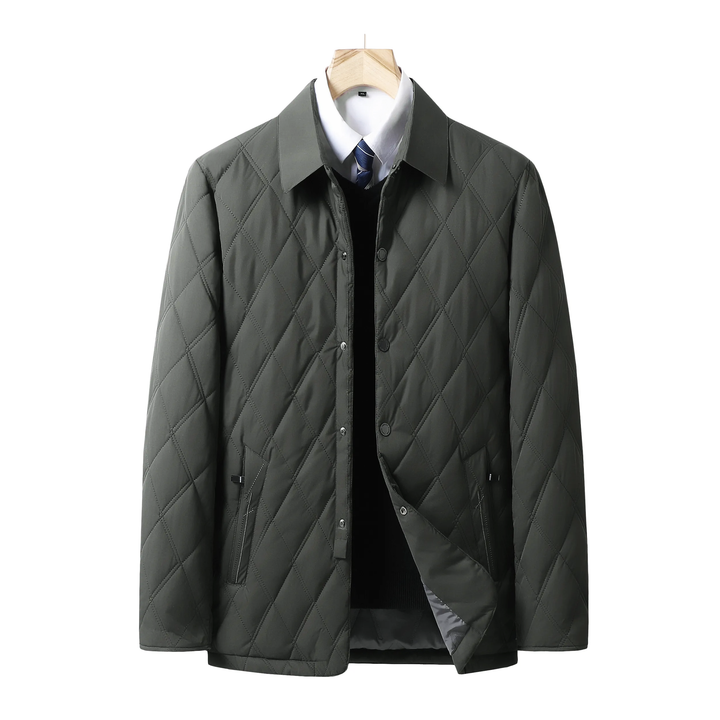 Zipped men's waterproof transition jacket. Stylish, comfortable quilted outerwear for casual fall/spring wear.