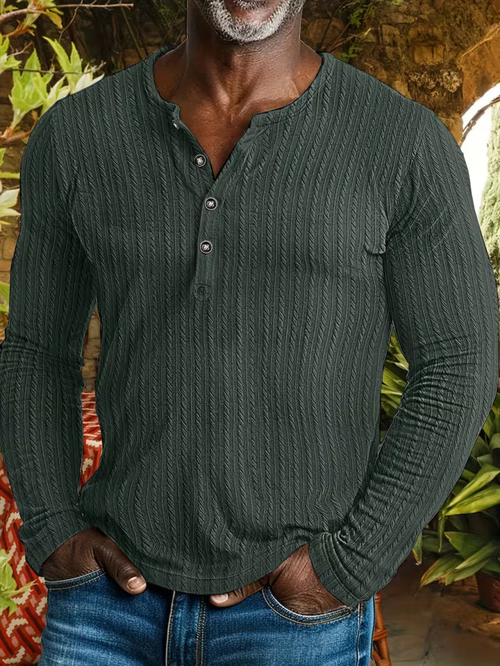 Sophisticated men's green long-sleeve textured button-down shirt for versatile everyday and smart casual wear.