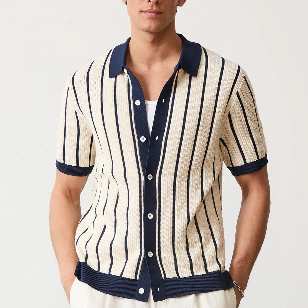 Men's stylish white vertical striped short-sleeve button-down casual shirt, perfect for summer smart casual wear.