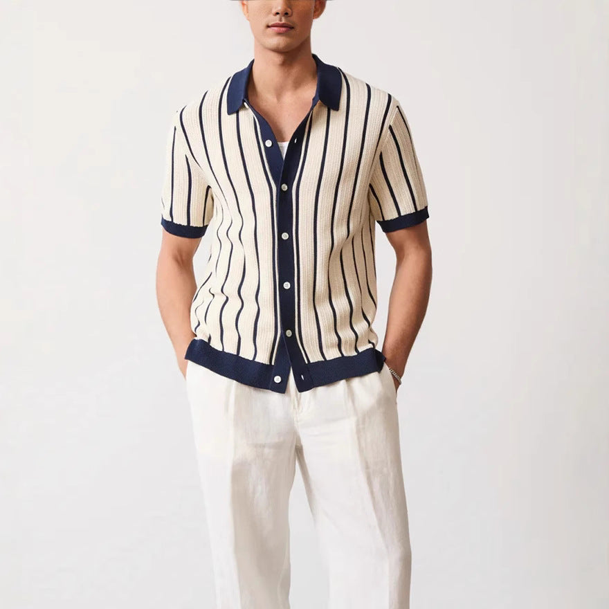 Stylish men's short-sleeve vertical striped shirt with a button-down design, ideal for casual and everyday summer fashion.