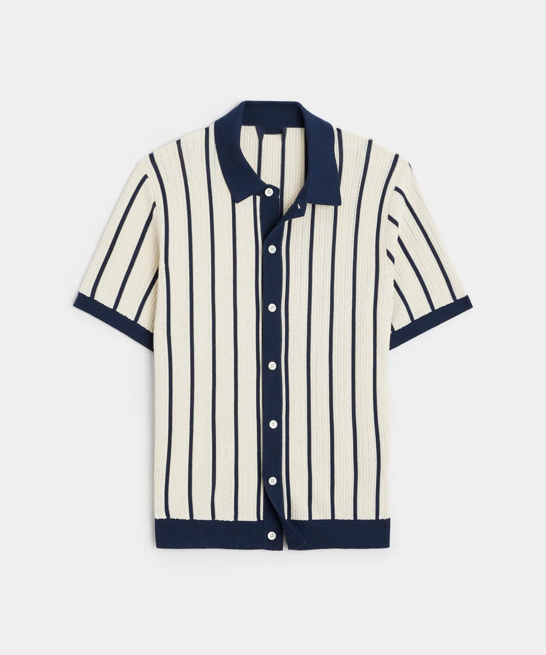 White vertical striped men's button-down shirt with short sleeves, offering a smart casual look for any summer outing.