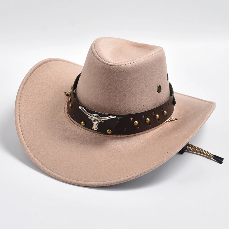 Adventurous men's wide brim cowboy hat, ideal for outdoor sun protection & rugged Western style.