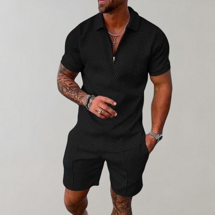 Men's stylish zip polo and shorts set for a comfortable, casual summer outfit. Perfect vacation wear.
