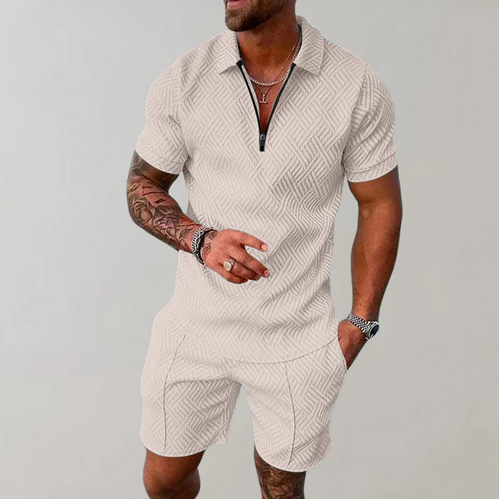 Comfortable men's two-piece polo and shorts matching set, ideal for summer casual wear.