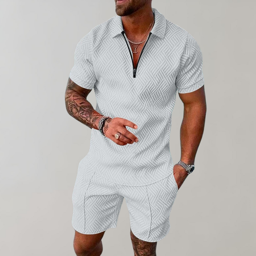 Casual men's polo shirt and shorts set. Easy, stylish summer outfit for comfort and fashion.