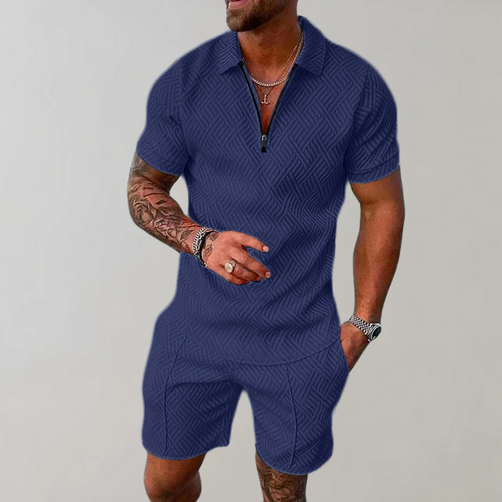 Close-up of men's zip polo & shorts set, highlighting fabric and matching design. Vacation ready.