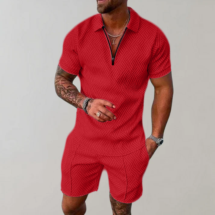 Men's fashion zip polo and shorts set, offering comfort and style for summer casual or vacation.