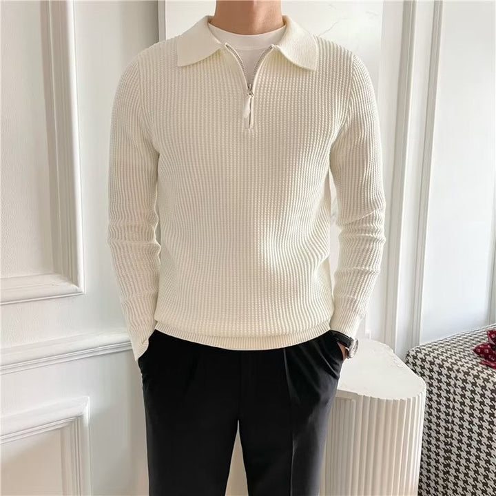 Men's stylish zip-up polo sweater in a versatile knit for fall/winter casual wear.