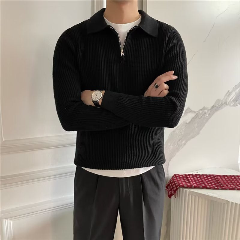 Men's classic zip-up polo sweater, offering stylish comfort and versatile layering for cold weather.