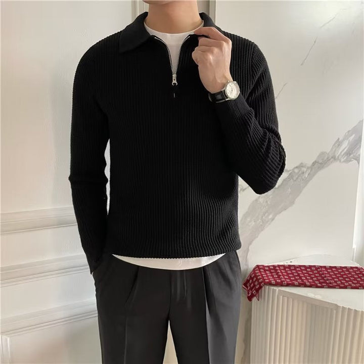 Stylish men's full-zip polo sweater, a comfortable long-sleeve knit for versatile fall fashion.