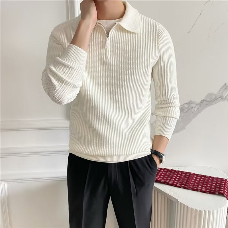Classic men's long-sleeve knit polo sweater with a convenient zip-up collar for smart casual fashion.