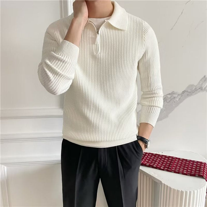 Classic men's long-sleeve knit polo sweater with a convenient zip-up collar for smart casual fashion.