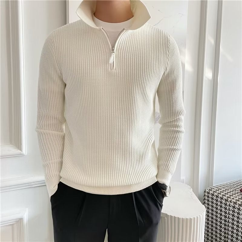 Versatile men's zip-up polo sweater, ideal for casual and smart casual everyday wear in fall/winter.