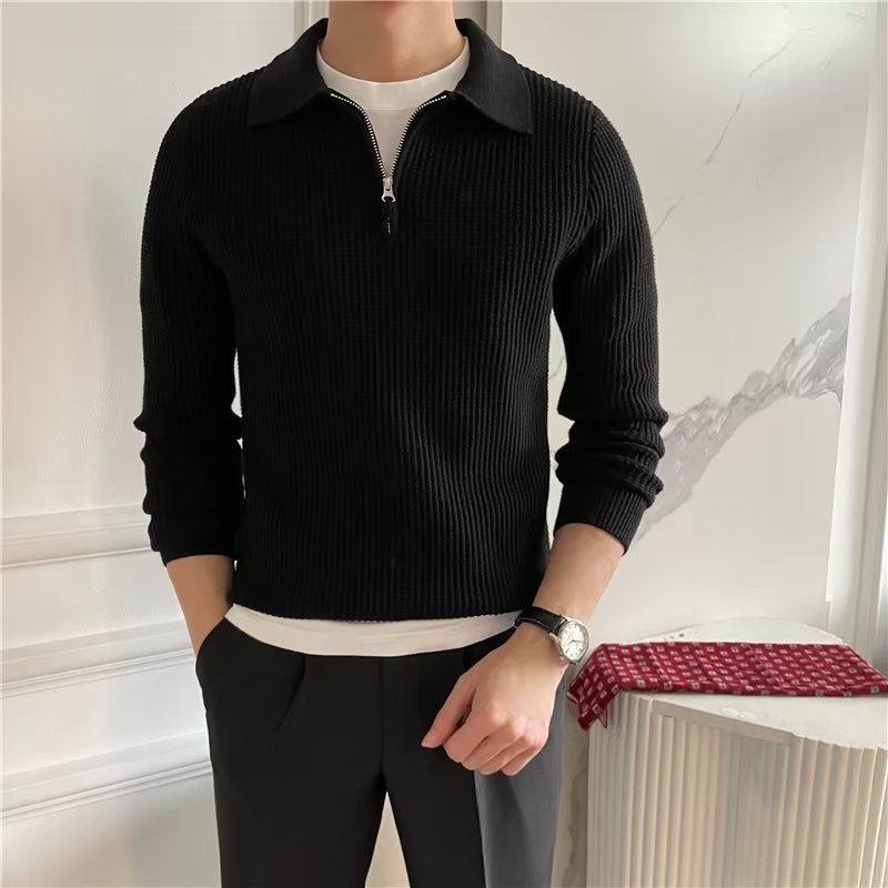 Fall/winter men's long-sleeve zip-up polo sweater, a cozy & stylish knitwear essential.