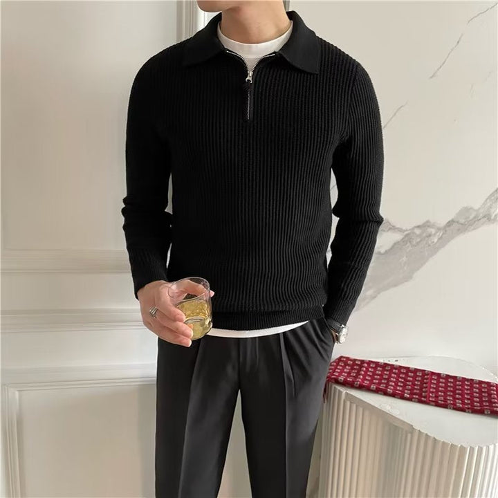 Modern men's fashion: a stylish long-sleeve zip-up polo sweater, perfect for versatile comfort.
