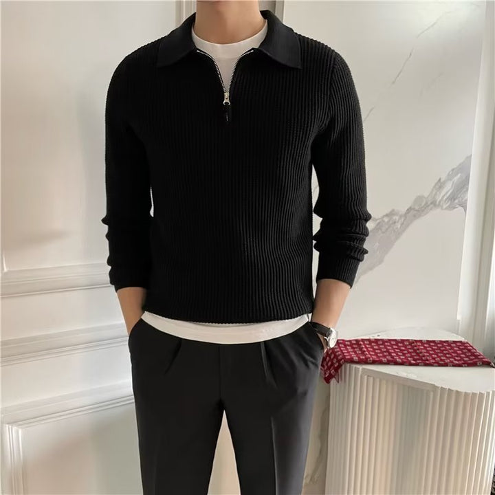 Men's smart casual long sleeve zip up polo sweater. Versatile knitwear for fall winter everyday fashion.
