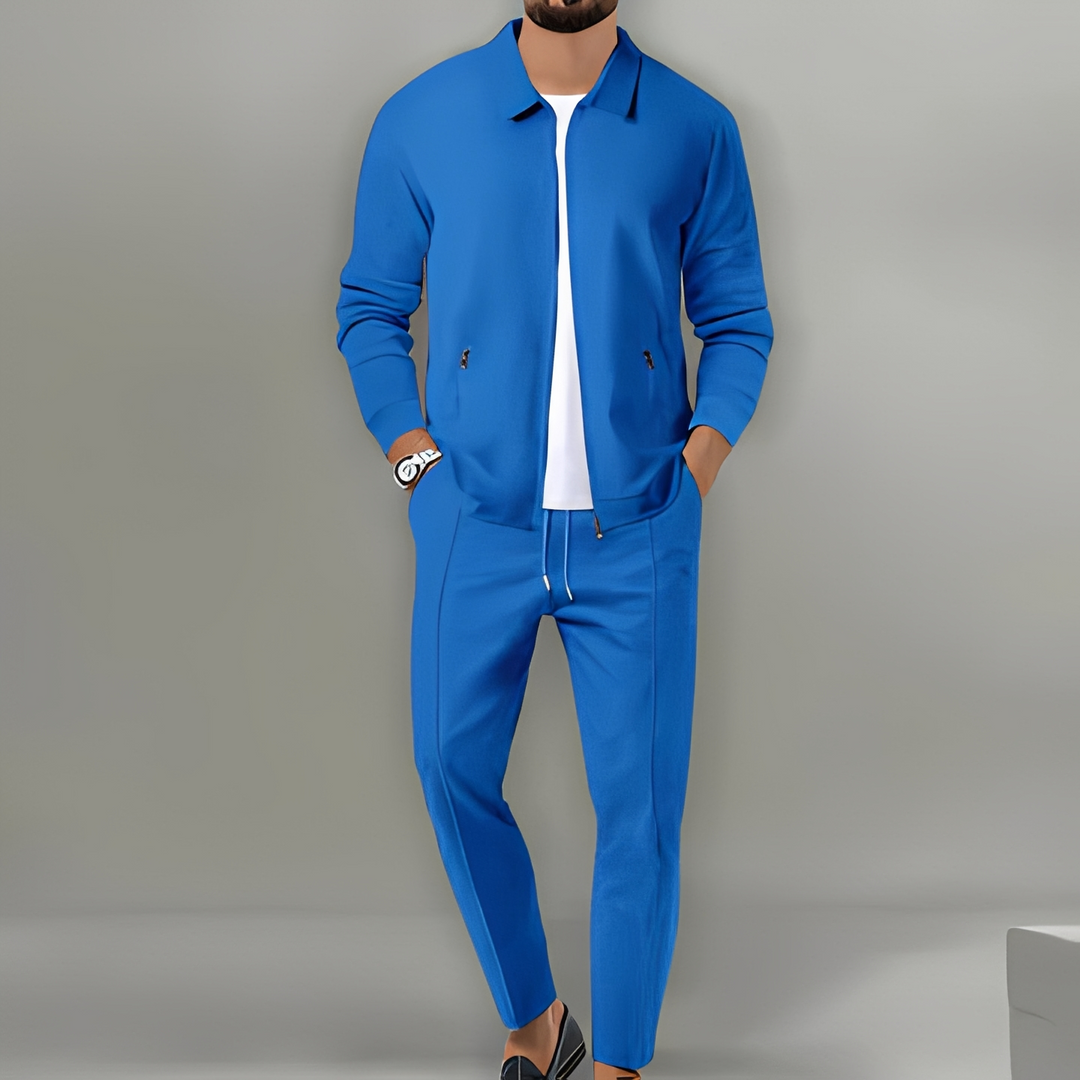 Modern men's zip-up track jacket and matching sweatpants, a cozy and stylish lounge wear set.
