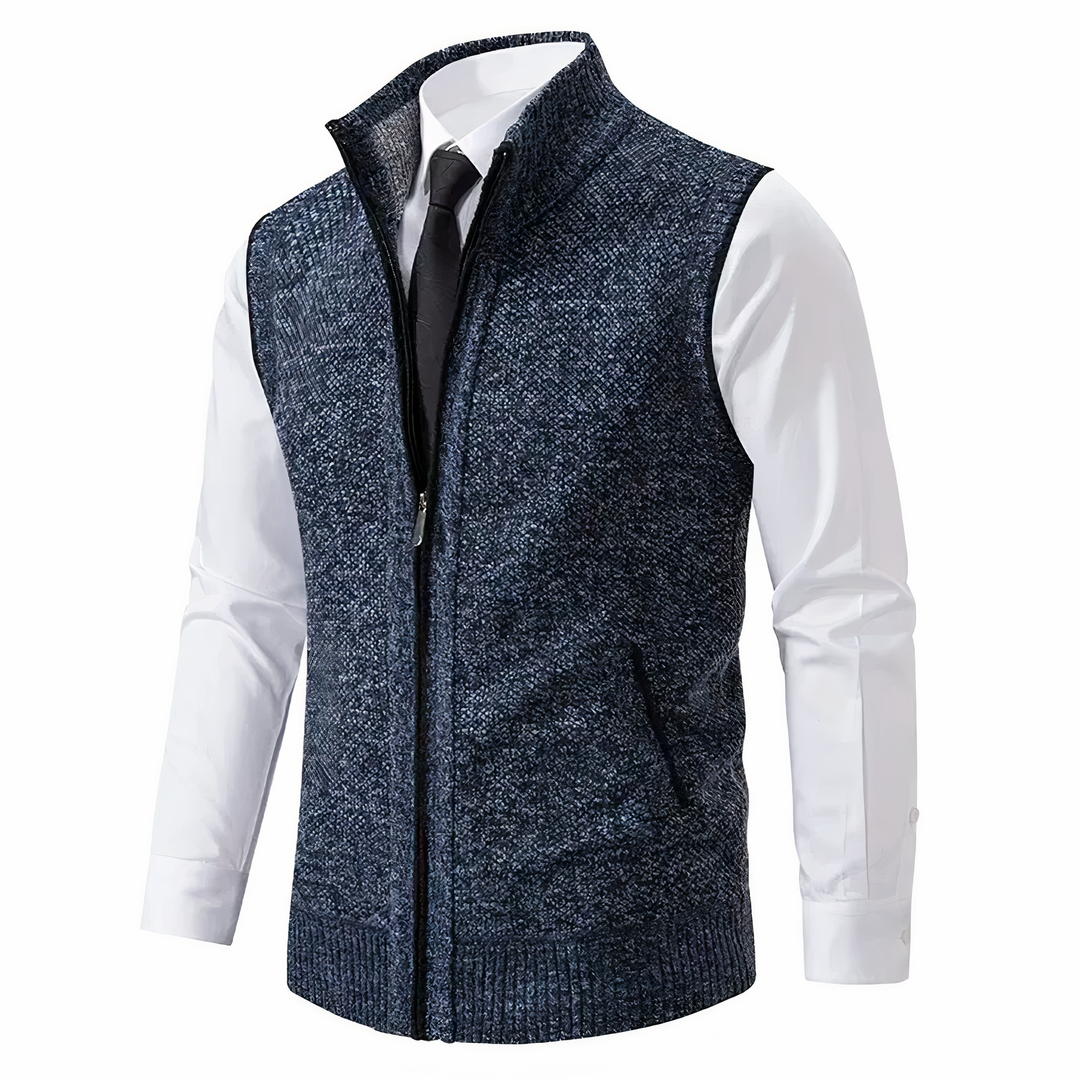 Modern men's zip-up vest with strategic pockets, offering stylish and comfortable sleeveless layering for casual outfits.