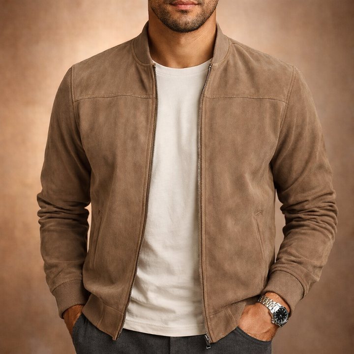 Men's suede bomber jacket in a modern fit, perfect for smart casual occasions.
