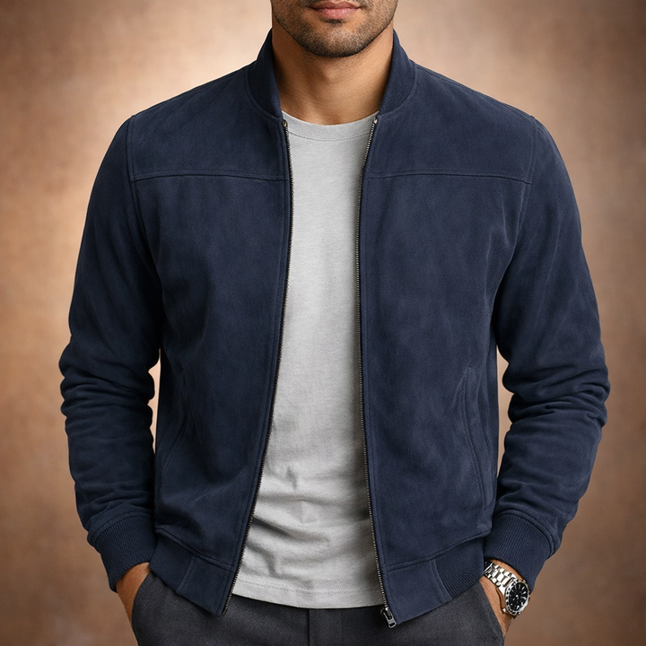 Close-up of a men's smart casual bomber jacket showcasing its textured suede finish.